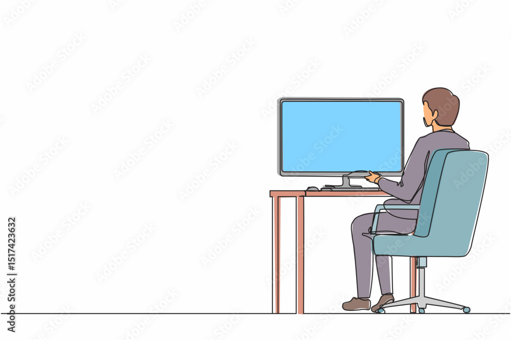 Poster continuous one line drawing back view businessman works on computer. man sitting on chair behind off