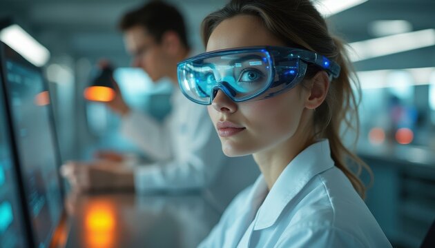 Young woman using computer in laboratory with male technician