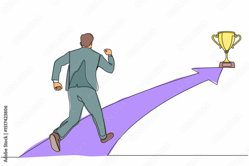Poster single one line drawing businessman running on forward arrow to get trophy. concept of people ready 