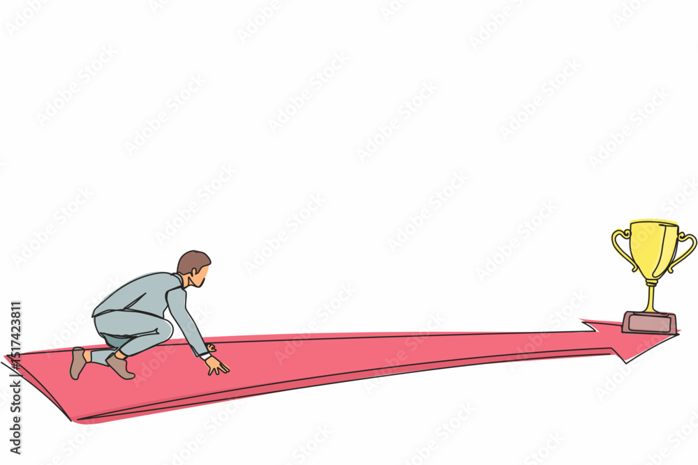 Poster continuous one line drawing side view businessman ready to run to trophy at end of route. concept of