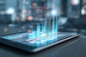 A smartphone displaying a holographic graph with blurred background showing data visualization and analytics