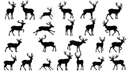 Deer silhouettes vector set, different positions, isolated on white background for design.