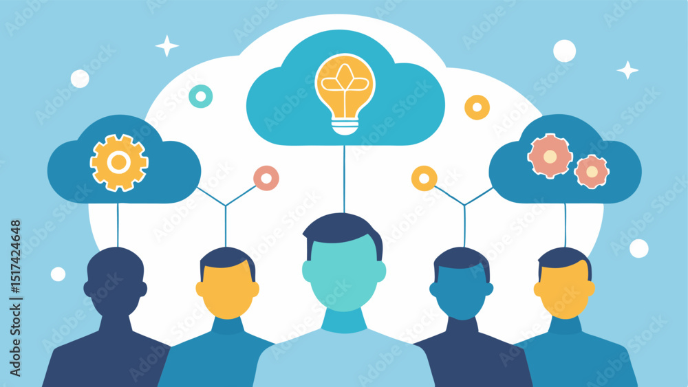 Poster brainstorming session a group of people sits together with shimmering neural connections linking the