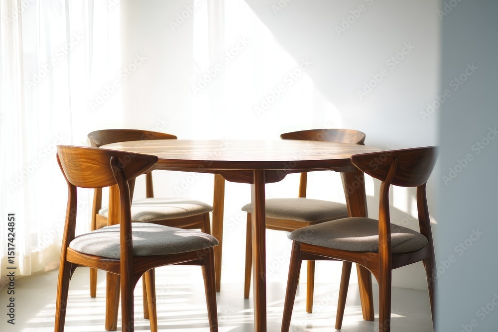 Poster sunlight streams into a room illuminating a round wooden dining table and four matching chairs with 