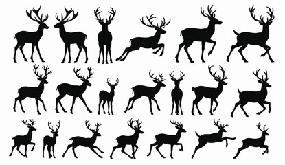 Elegant Collection of Deer Silhouettes: Diverse Poses and Antler Designs on White Background.