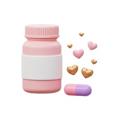 3d pink pill bottle capsule hearts isolated on white background