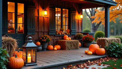 Obraz premium Rustic Autumn Porch Decor Pumpkins, Hay Bales, and Warm Lighting
