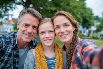 Fototapeta premium Family Taking Selfie Together Outdoors Parents and Daughter Smiling at Camera Happily