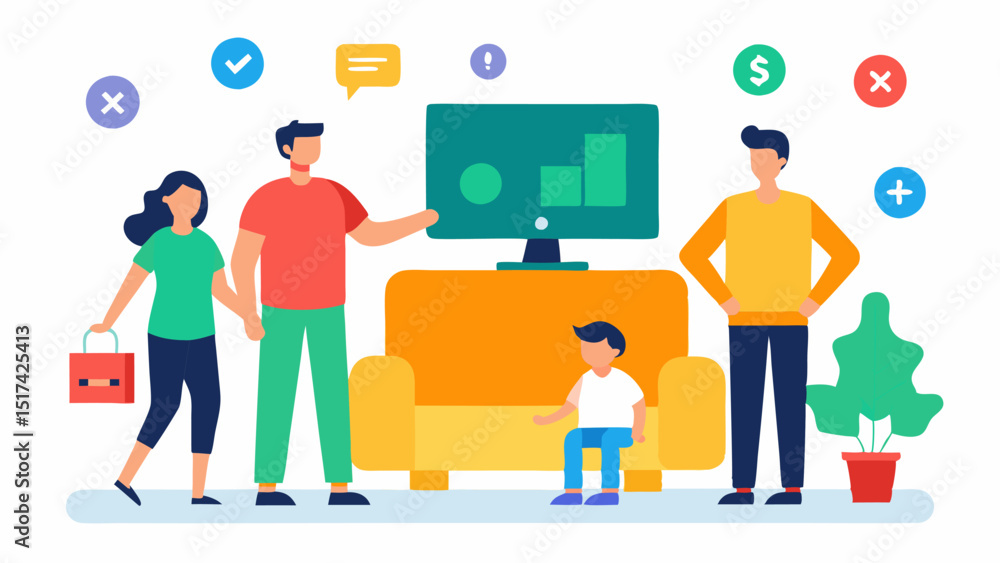 Poster a family exploring a virtual marketplace with oversized animated items like a couch a bicycle and a 