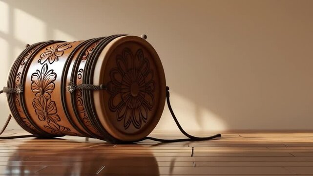 Close-up view of traditional dhol drum on reflective wooden surface indoors