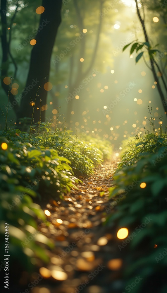 Poster magical forest path illuminated by fireflies in daytime