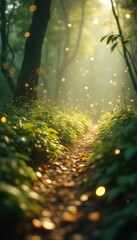 Magical forest path illuminated by fireflies in daytime
