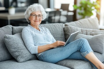 Obraz premium Senior woman working on laptop while relaxing on a cozy gray sofa in a bright living room with greenery