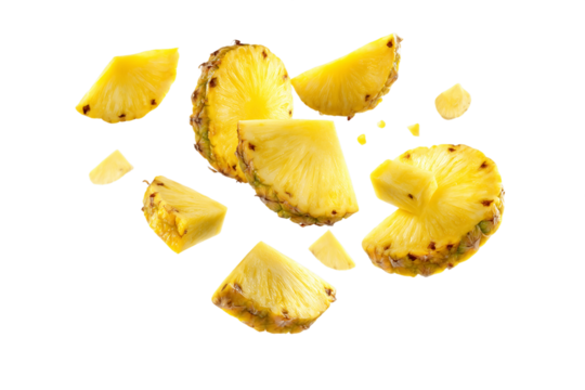 Falling Pineapple Chunks on Transparent Background, PNG