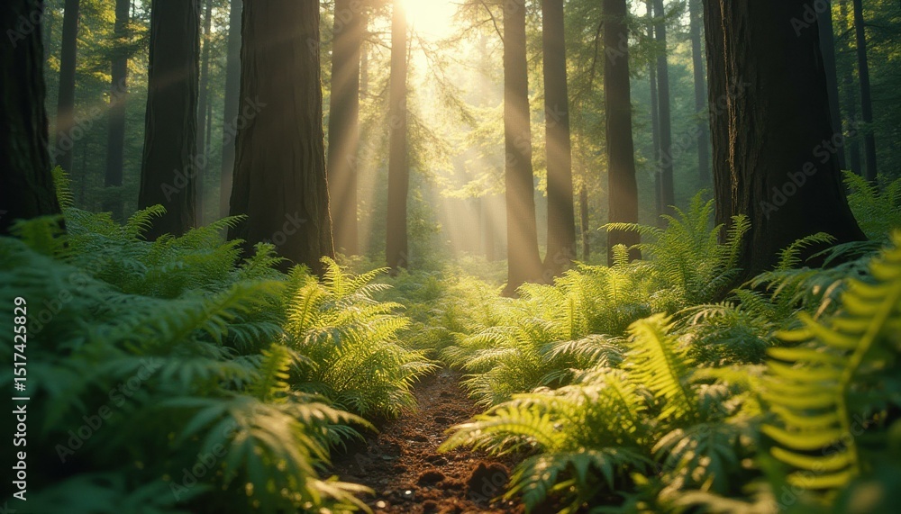 Poster sunlight filtering through ferns and trees in serene forest