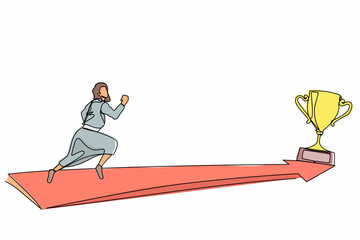 Fototapeta premium Single continuous line drawing side view businesswoman running to golden trophy. Concept for business direction and mission vision. Goal, success, development, victory. One line graphic design vector
