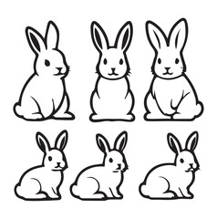 Cartoon rabbits in various poses on a plain white background. Simple line art of rabbits in different positions, ideal for children's books or educational materials.