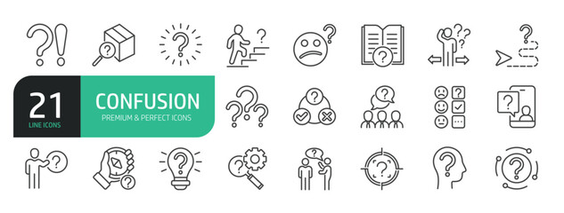 Set Of Confusion Line Icons. Contains such icons as Conflict, Hesitation, Uncertain, Lost, Disoriented, Shy, Confused.