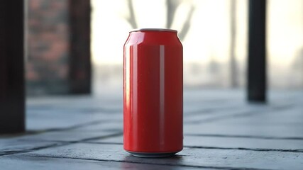 Red Aluminum Can Mockup against Urban Backdrop with Textured Concrete Surface Details