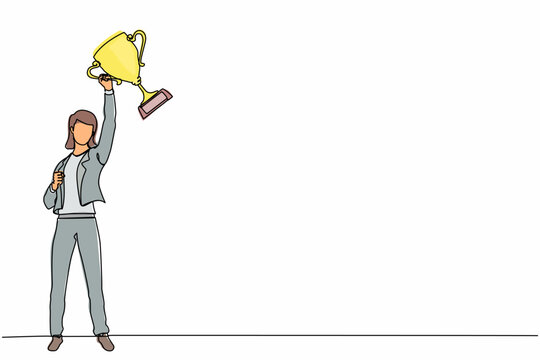 Continuous one line drawing businesswoman with trophy standing with arms lifted in the air. Woman celebrating her business award. Winner, reaching goals concept. Single line draw design vector graphic