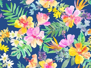 Seamless pattern of abstract pink and yellow hibiscus flowers, tropical foliage, and monstera leaves painted in watercolor. Hand painted tropical floral wallpaper in watercolor for wedding invitation.