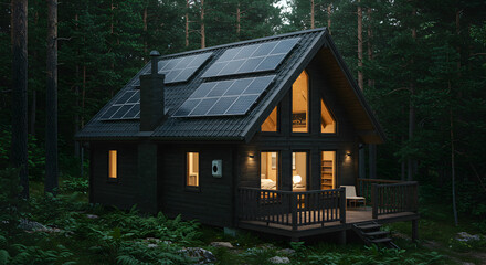 Dark Wood Cabin with Solar Panels in a Forest at Night