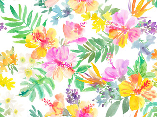 PNG Seamless pattern of abstract pink and yellow hibiscus flowers, tropical foliage, and monstera leaves painted in watercolor. Hand painted tropical floral wallpaper in watercolor.