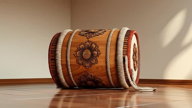Traditional Indian dhol drum sits on wooden floor with beige background lighting