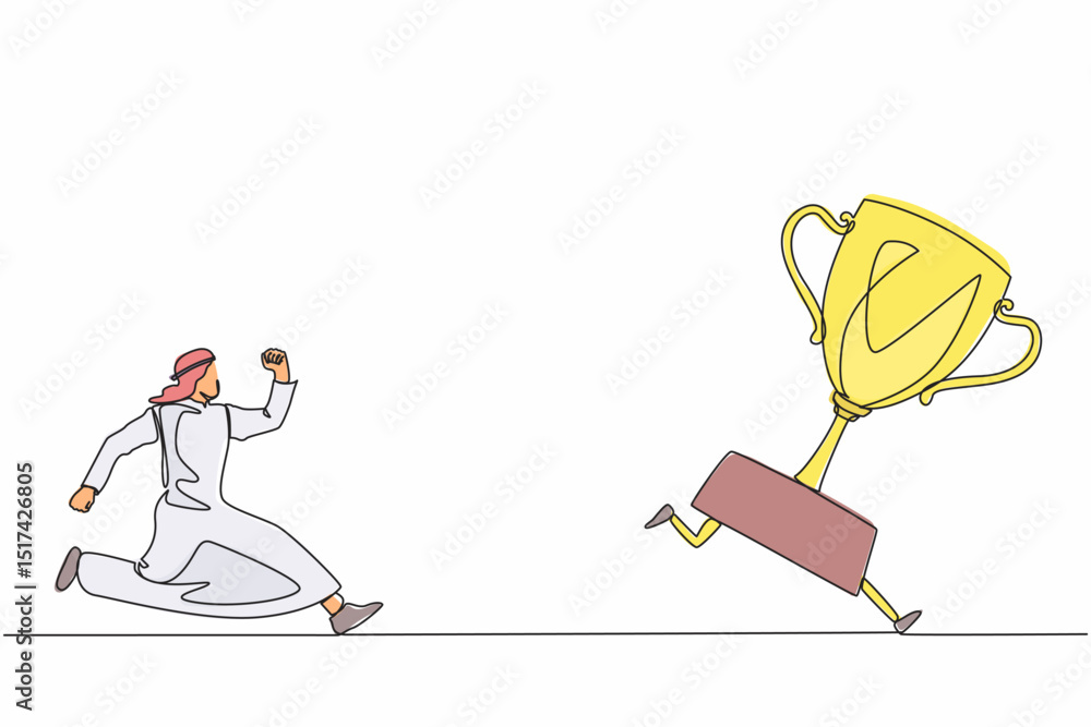 Poster single one line drawing arab businessman trying to catch trophy. man running and chasing after run a