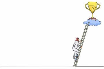 Continuous one line drawing Arabian businessman climb to trophy over clouds. Businessman climbing ladder to success. Motivation concept to be successful. Single line design vector graphic illustration