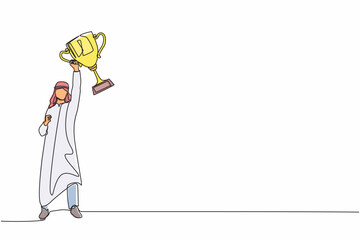 Continuous one line drawing Arabian businessman with trophy standing with arms lifted in the air. Man celebrating his business award. Winner and reaching goals. Single line draw design vector graphic