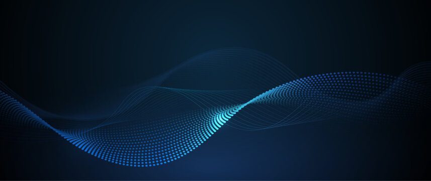 Vector abstract dynamic, wave - flow mesh particles pattern and dot on dark blue background. Illustration design futuristic, network technology background. Modern digital datum and science concept