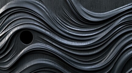 Abstract dark grey waves texture with a circular hole, creating a three-dimensional flowing pattern