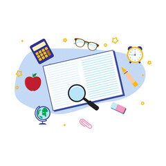 Open Notebook with Red Apple, Blue Calculator, Yellow Clock, and Brown Glasses for Learning Essentials