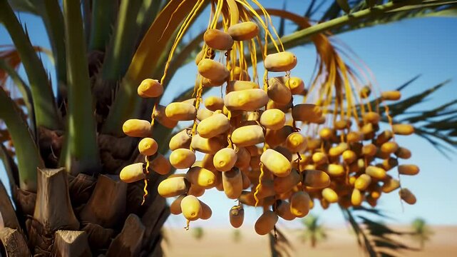 Dates Ripening on a Palm Tree in a Desert Oasis Under Blue Sky Eye-Level View