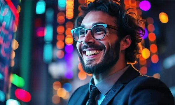 Businessman glasses is smiling watch digital screen