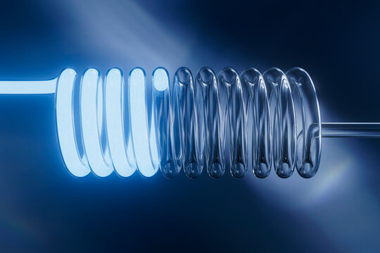  3D render of illuminated coil structure in dark abstract settin