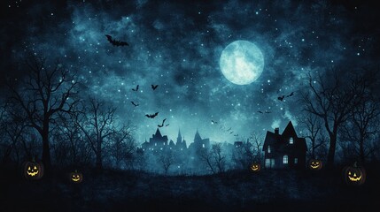 Spooky Halloween Night: Haunted House, Bats, and Jack-o'-lanterns under a Full Moon