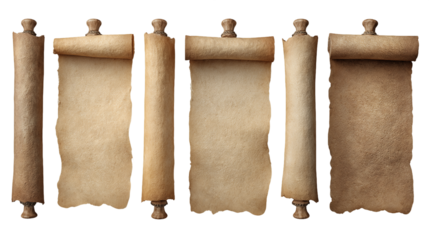 Five Antique Parchment Scrolls on Transparent Background, PNG