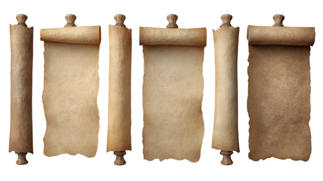 Five Antique Parchment Scrolls on Transparent Background, PNG