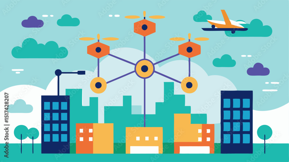 Poster delivery network an aerial view of a bustling city dotted with drones in action illustrating a netwo