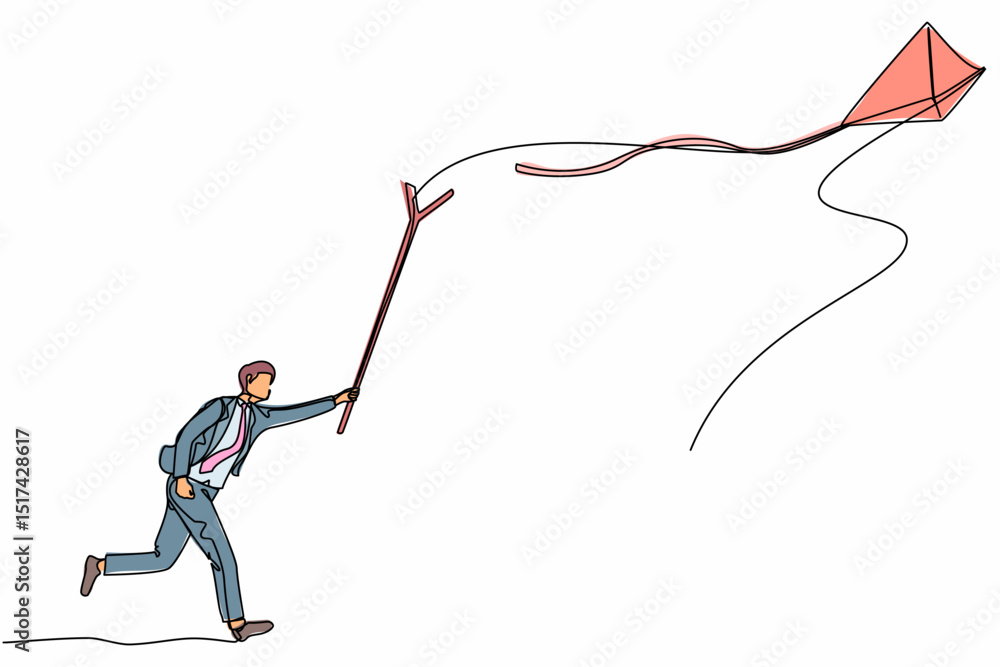 Poster single one line drawing active businessman runs to chasing kite using stick. race for product launch
