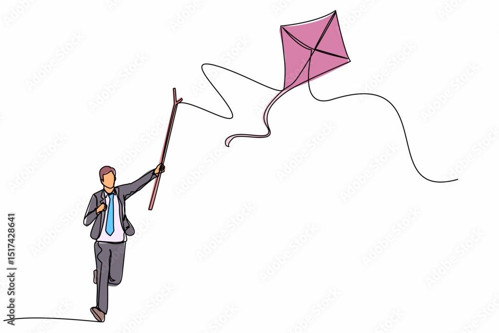 Poster continuous one line drawing businessman runs to chasing kite using stick. manager runs with flying k