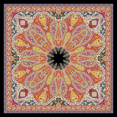 Sunset Gold and Coral Bandana – Royal Mandala-Inspired Ethnic Textile, Luxe Traditional Pattern for High-End Apparel and Accessories