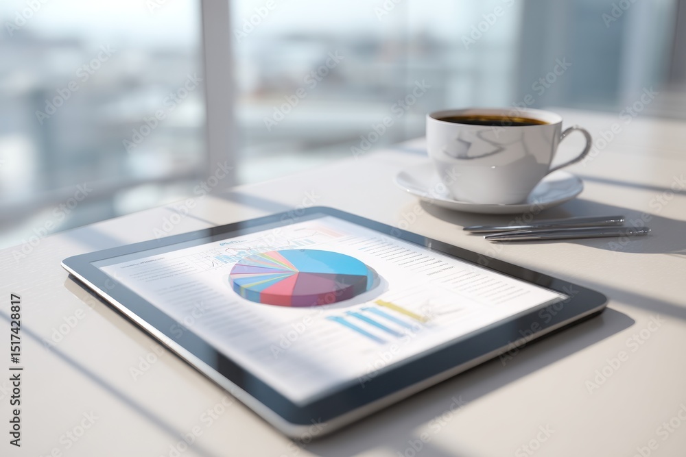 Poster a tablet displaying a pie chart with coffee and pens on a white table near a bright window light sou