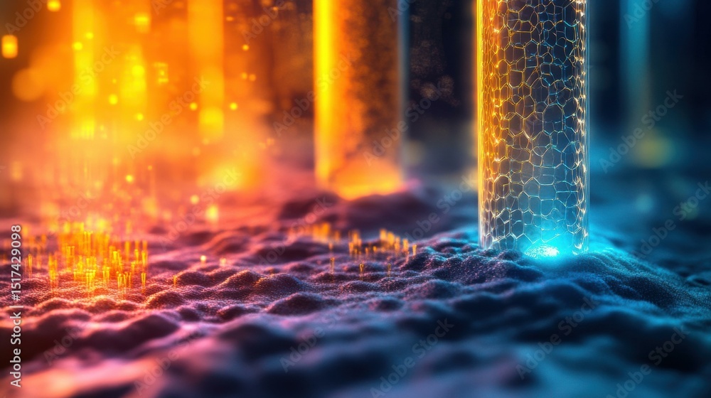 Poster glowing textured columns in an abstract digital environment