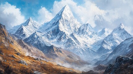 Majestic snow-capped mountain range in serene daylight