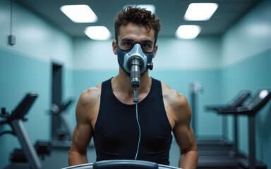 Athlete Wearing Oxygen Mask for a Treadmill Exercise Test in a Laboratory, Monitored by Sensors and Breathing Apparatus, Showcasing Fitness Assessment and Health Monitoring in a Controlled Environment