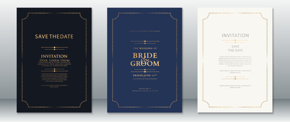 Luxury wedding invitation set with dark background and elegant gold frame. Includes save the date, invitation, and formal announcement designs. Ideal for elegant, royal, or classic style weddings. © Eaks1979