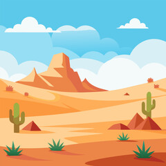 Majestic Desert Landscape. Cacti. Sand Dunes. and Mountains under a Vivid Sky
